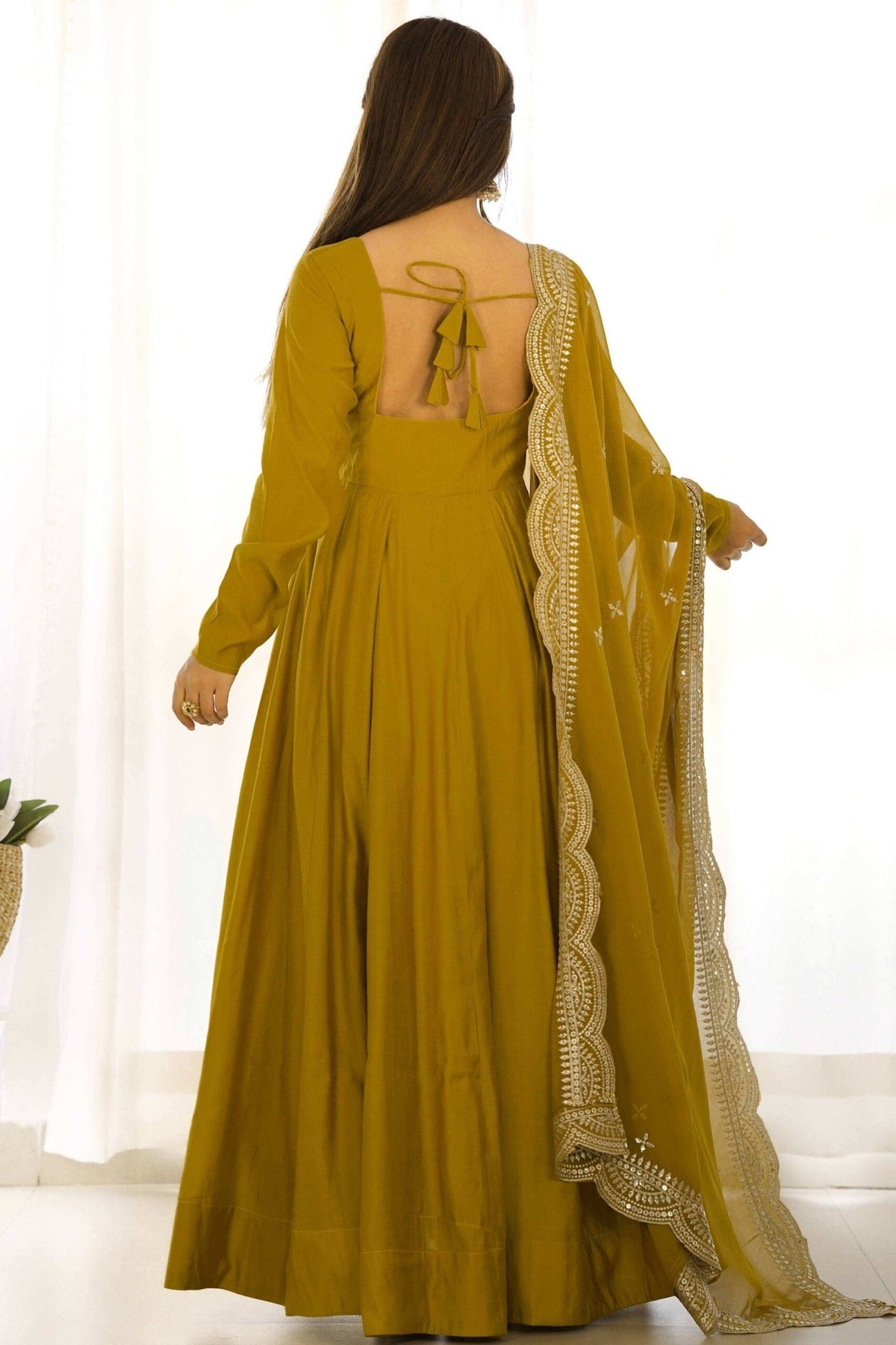 Mustard Chanderi Roman Silk Anarkali Gown
