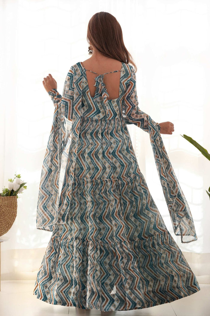 Light Blue Zigzag Print Georgette Gown