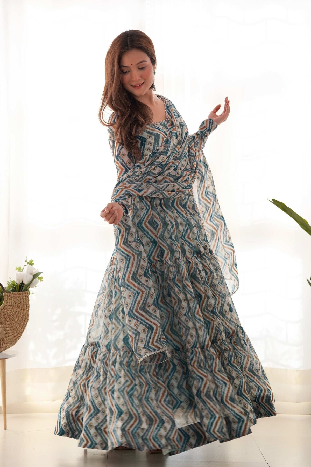 Light Blue Zigzag Print Georgette Gown