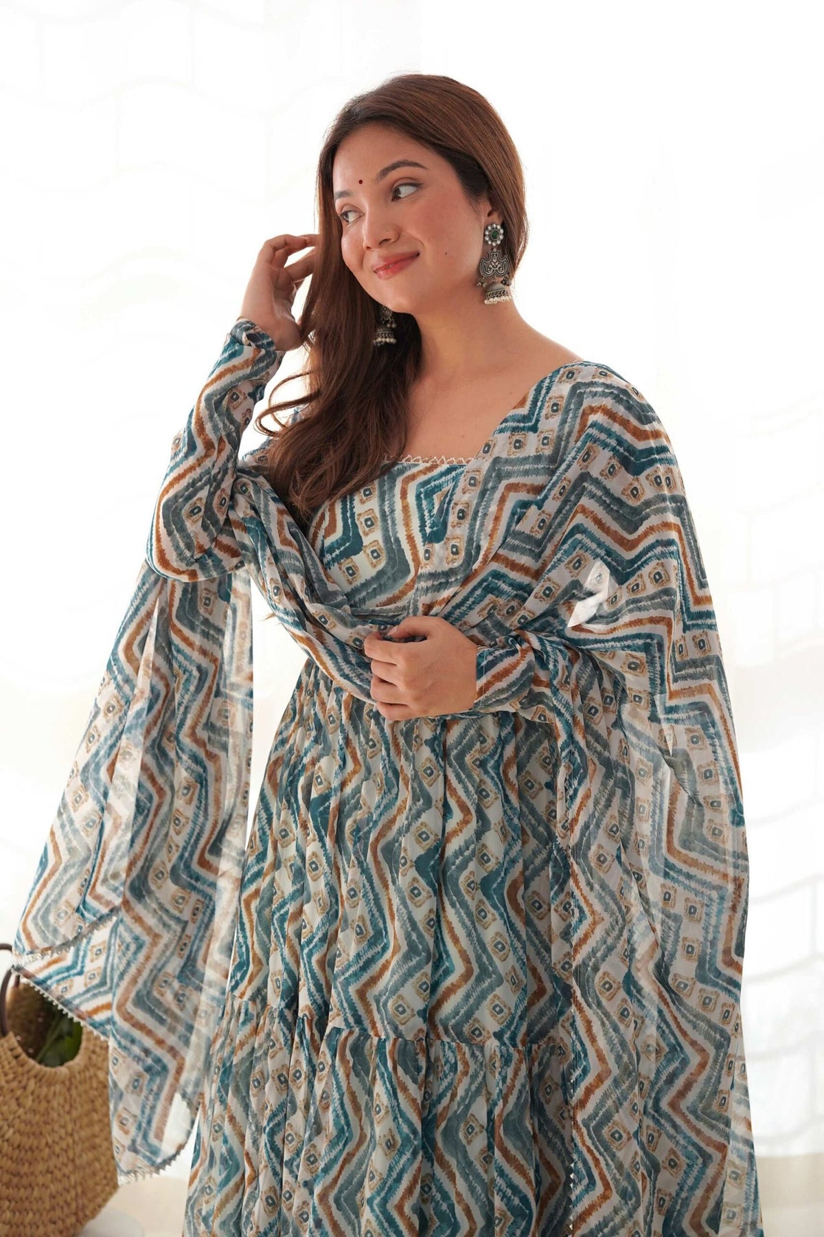 Light Blue Zigzag Print Georgette Gown