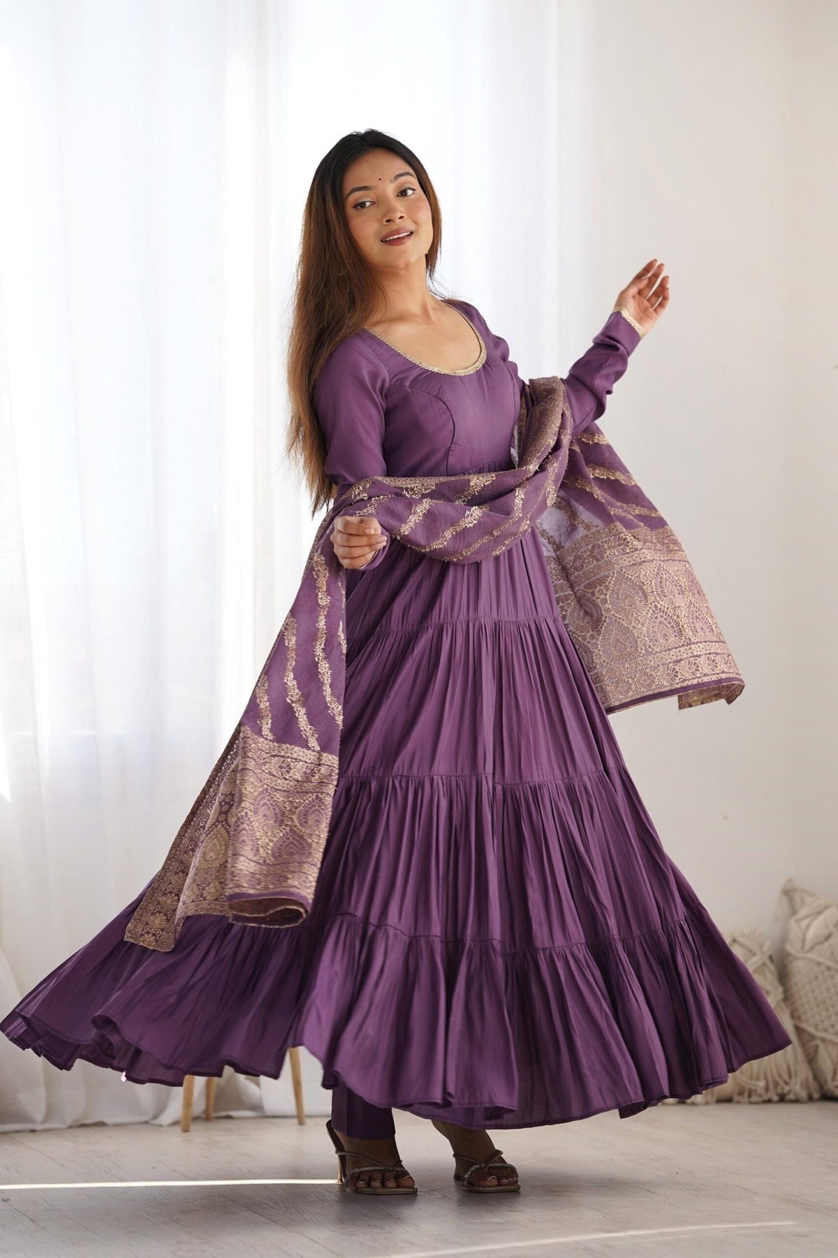 Lavender Roman Silk Chanderi Anarkali Suit Set