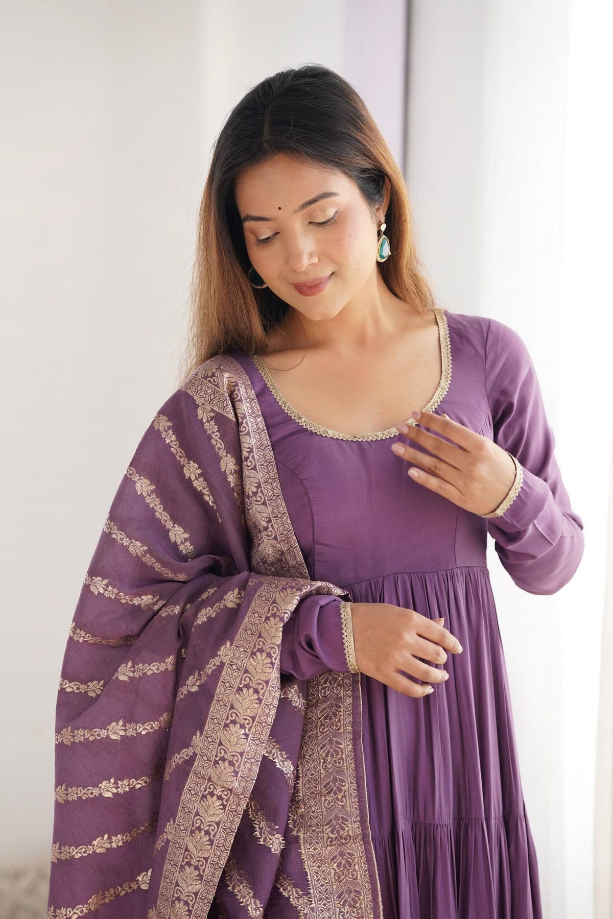 Lavender Roman Silk Chanderi Anarkali Suit Set
