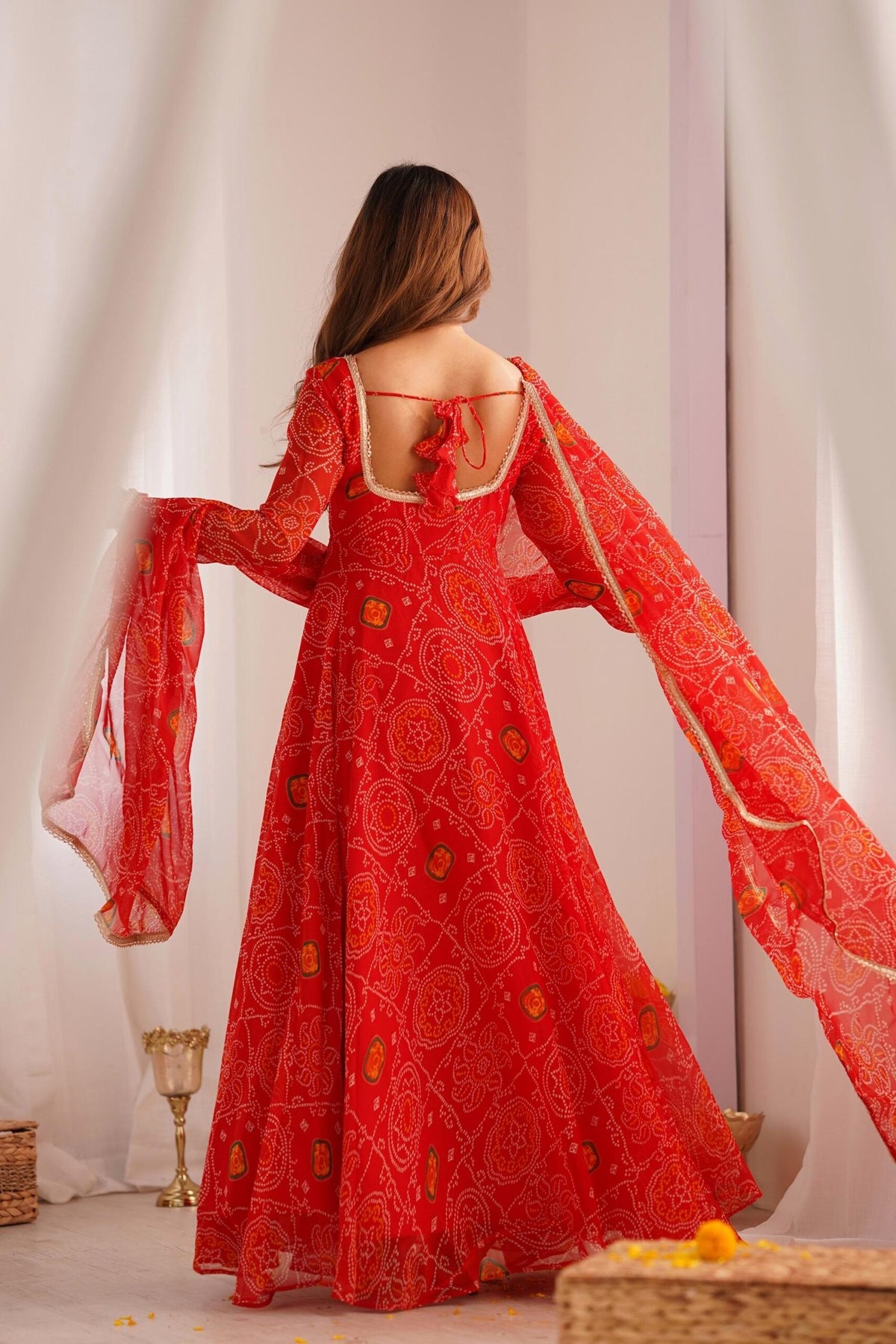 Red Bandhej Print Chiffon Anarkali Suit Set