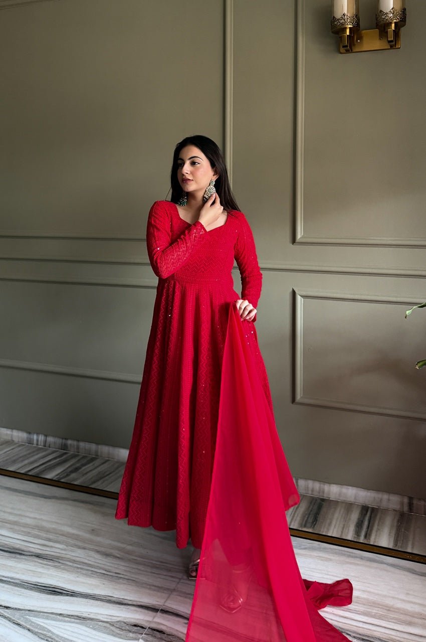 Red Fox Georgette Lucknowi Anarkali Suit