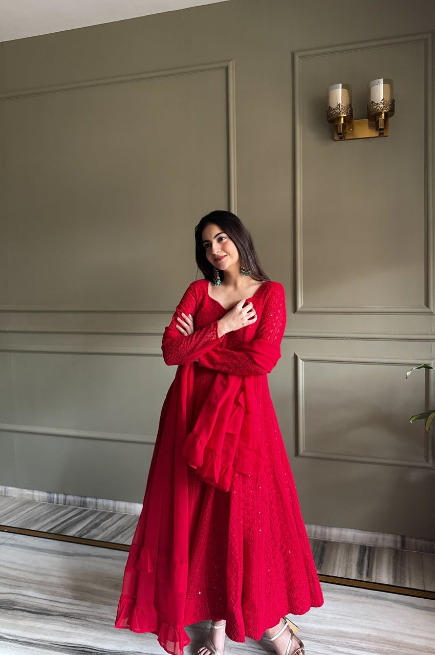 Red Fox Georgette Lucknowi Anarkali Suit