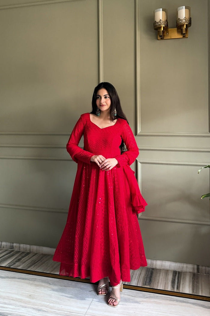 Red Fox Georgette Lucknowi Anarkali Suit
