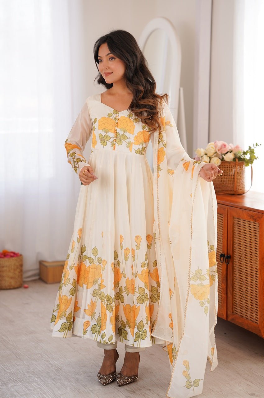 Yellow Flower Print Organza Silk Anarkali Set