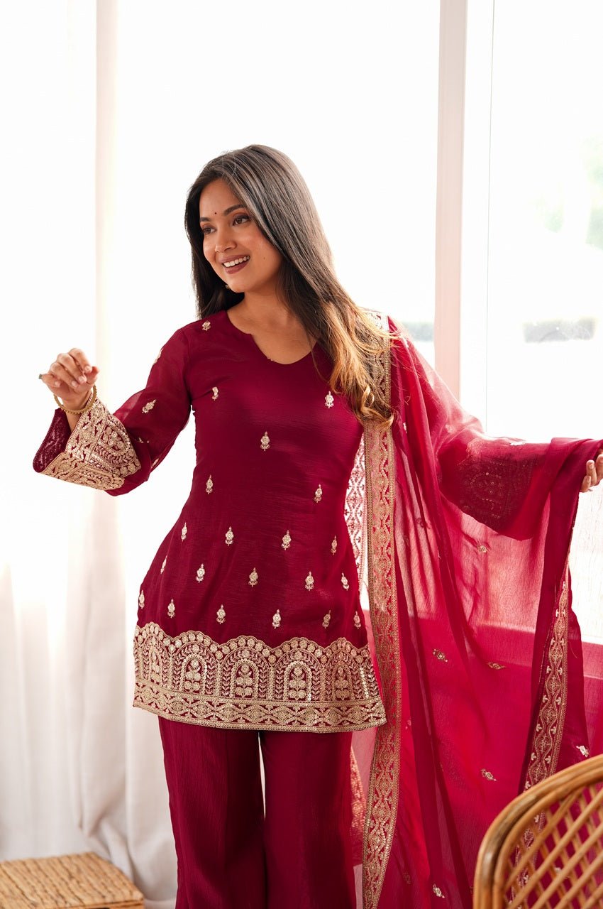 Premium Maroon Crunchy Silk Kurta Bell Bottom Set