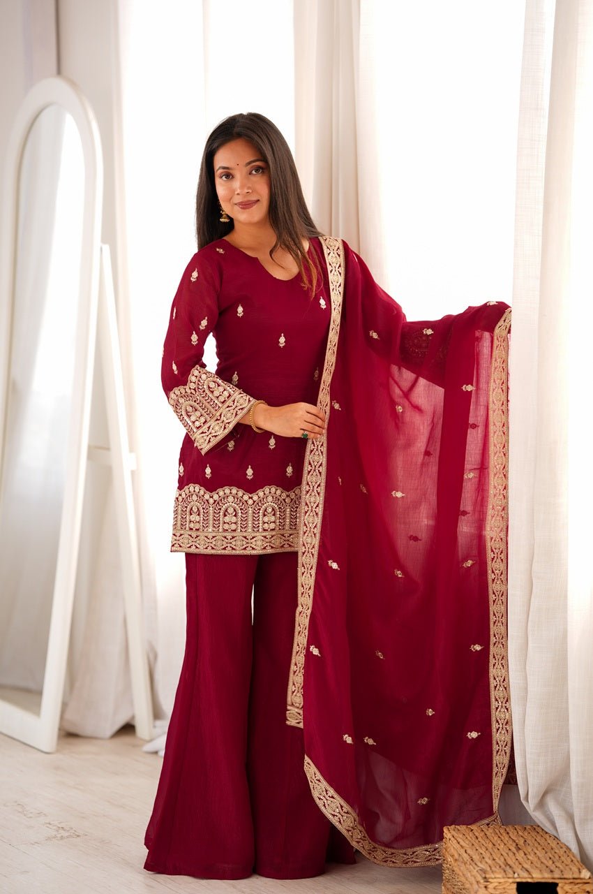 Premium Maroon Crunchy Silk Kurta Bell Bottom Set