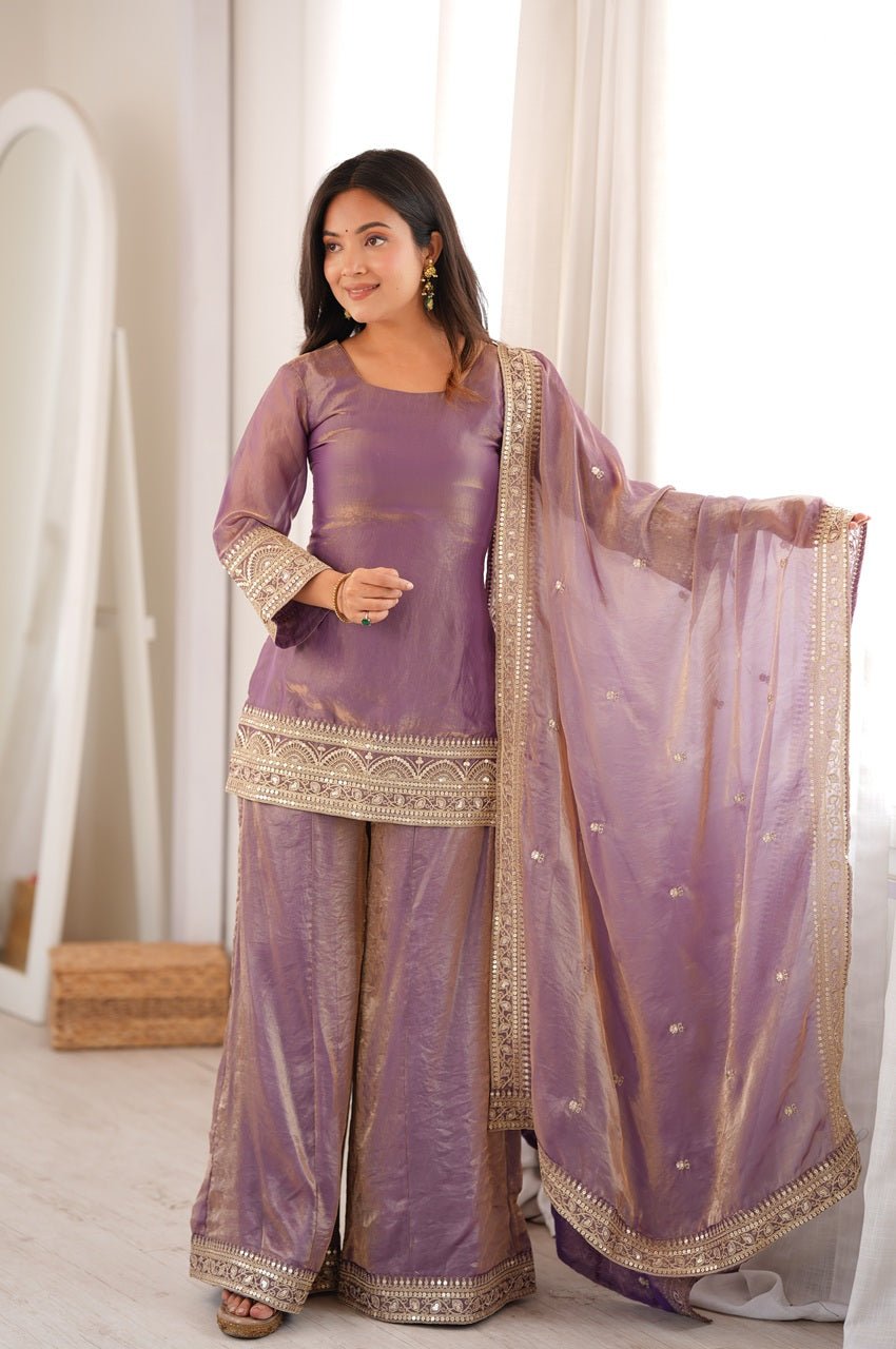 Mauve Frendy Silk Embroidered Kurta Palazzo Set