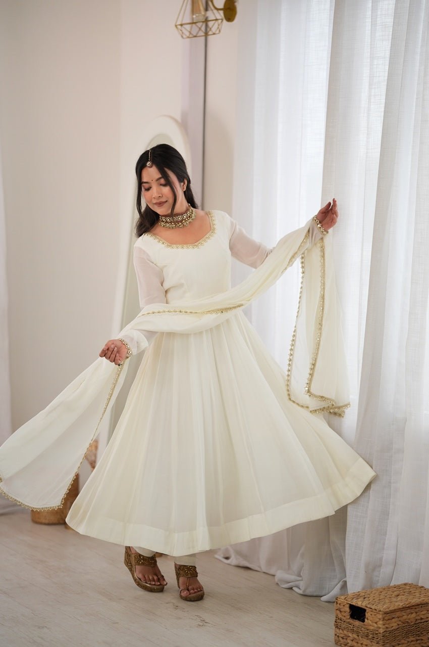 White Mal Chanderi Mirror Work 16 Kali Anarkali Suit