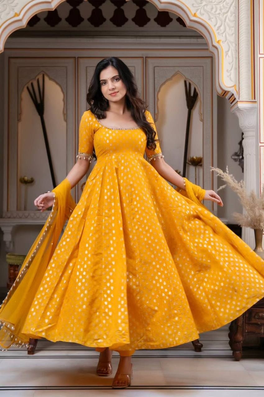 Mango Chanderi Jacquard Mirror Work Anarkali Suit Set