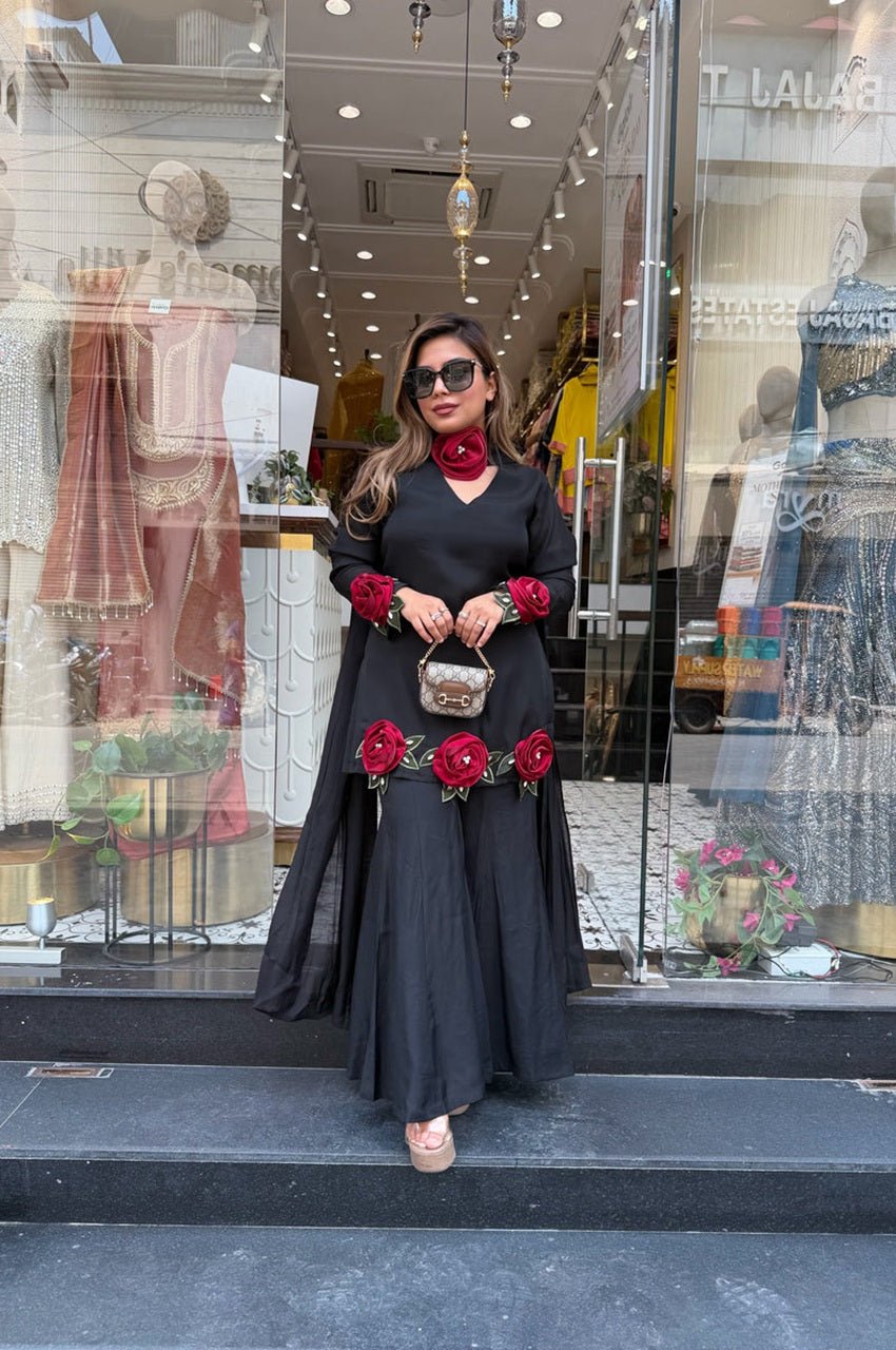 Black Roman Silk Hand Flower Embroidered Kurti Set