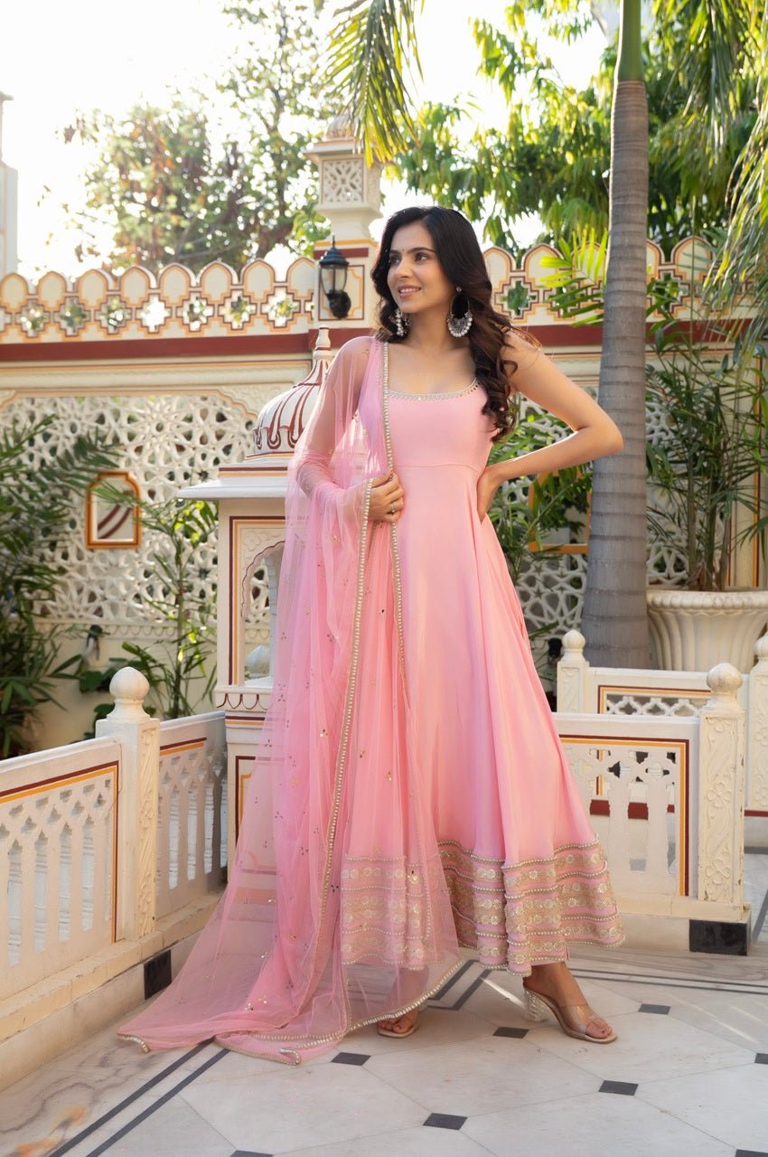 Pink American Silk Anarkali Set