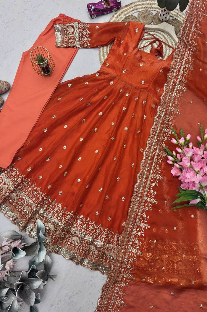 Rust Orange Fandy Silk Gown Set