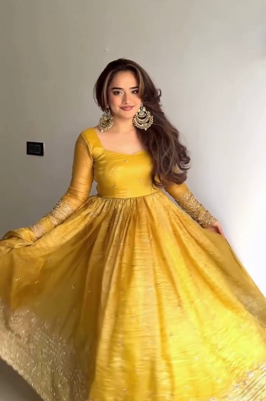 Mustard Gold Crush Anarkali Gown Set
