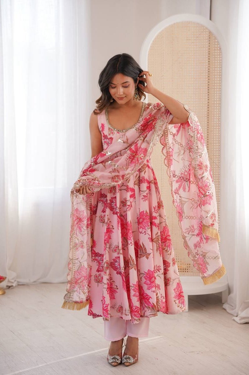 Pink Muslin Floral Print Anarkali Set