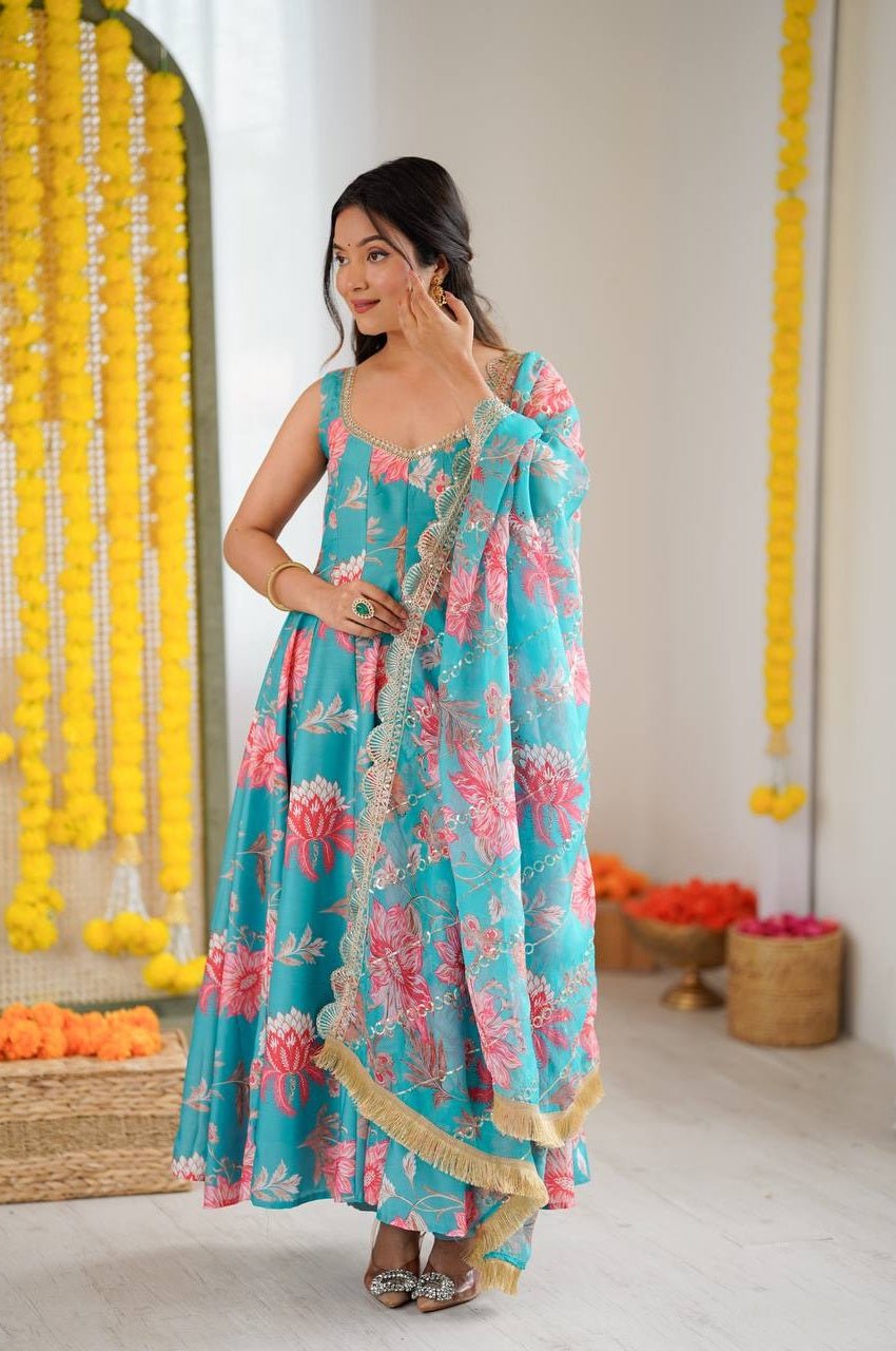 Blue Emerald Muslin Floral Print Anarkali Set