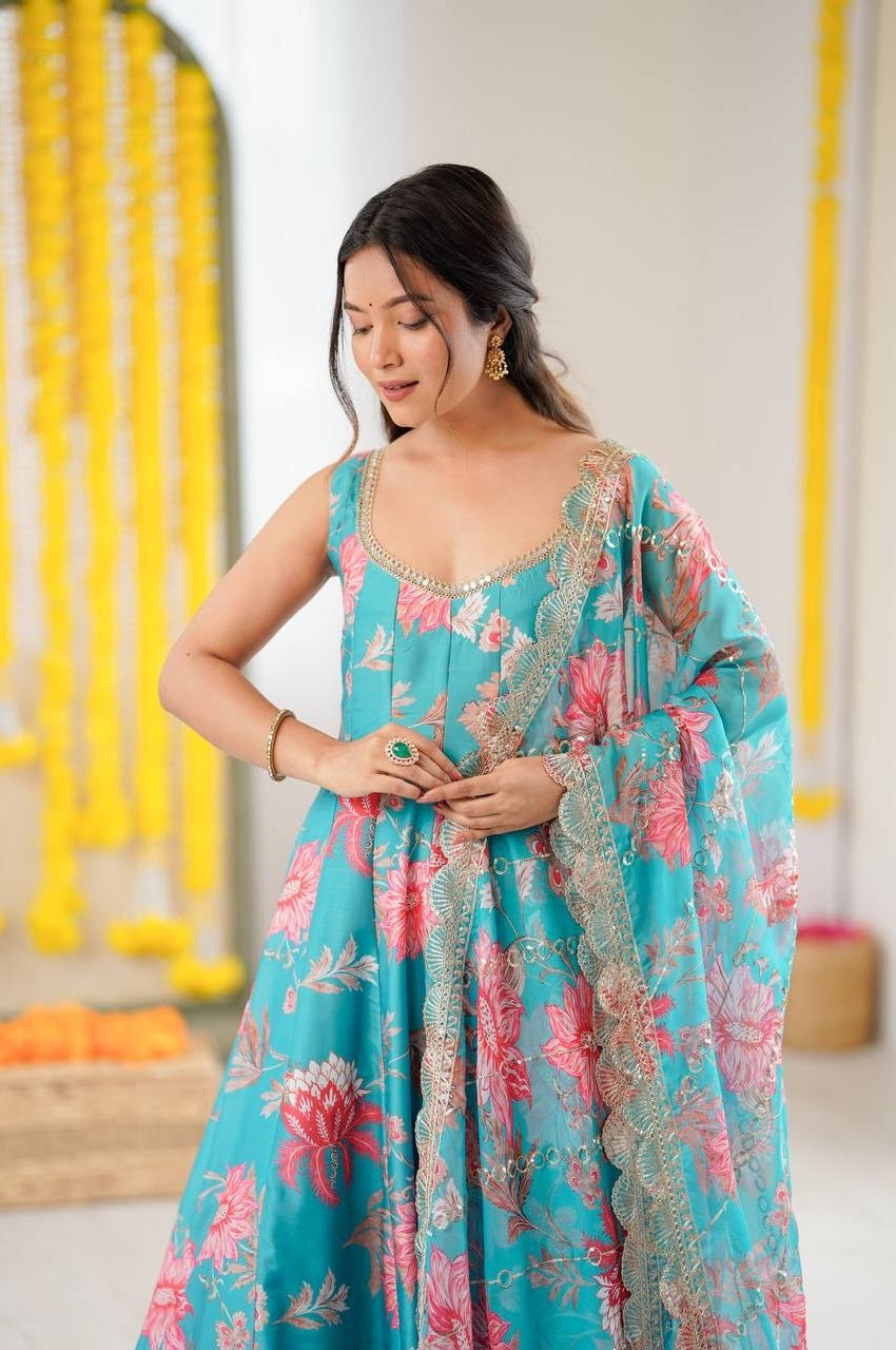 Blue Emerald Muslin Floral Print Anarkali Set
