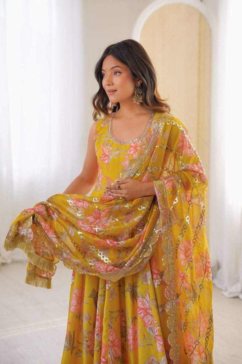 Sunshine Yellow Muslin Floral Print Anarkali Set
