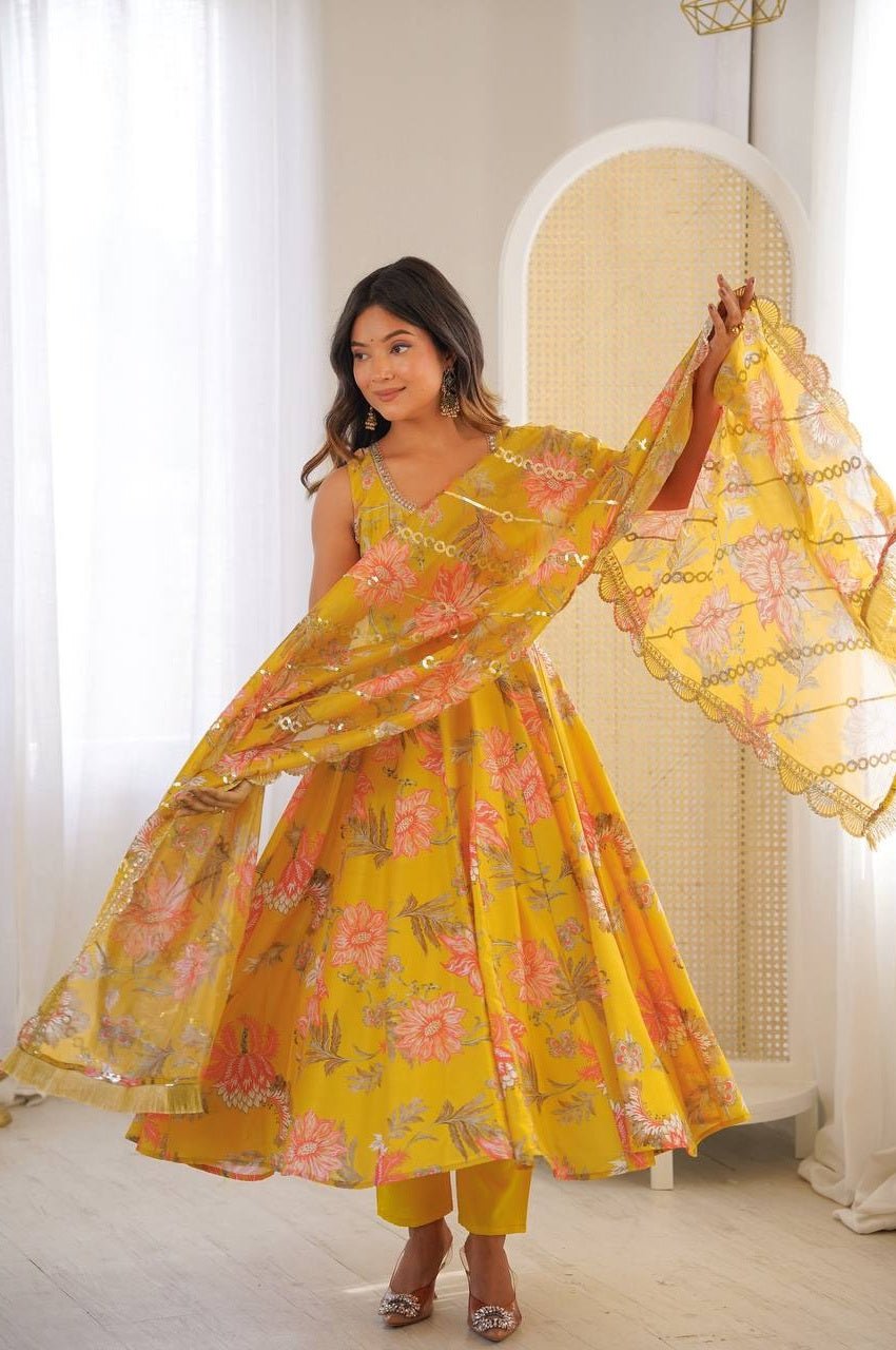 Sunshine Yellow Muslin Floral Print Anarkali Set