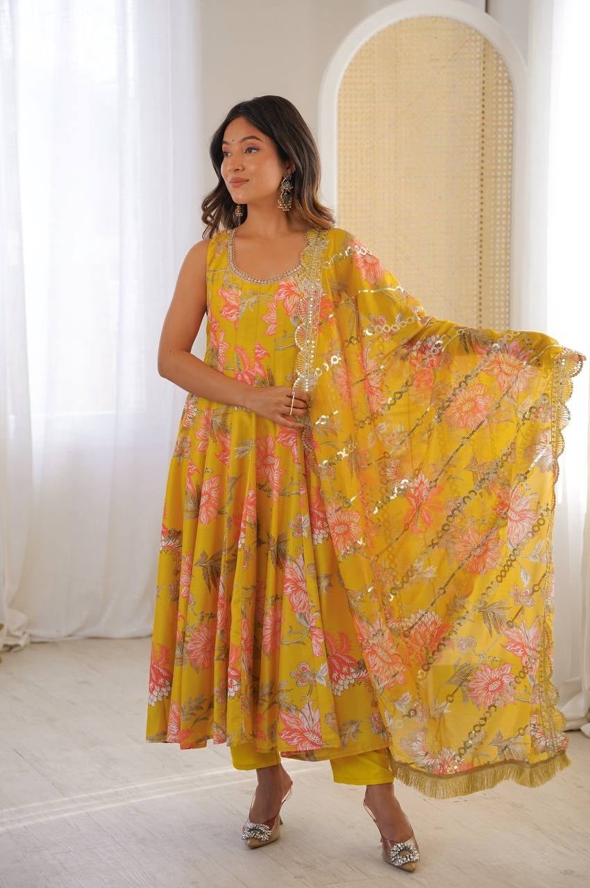 Sunshine Yellow Muslin Floral Print Anarkali Set