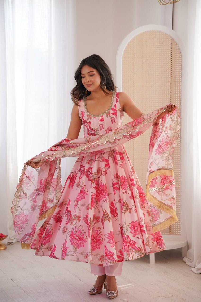 Pink Muslin Floral Print Anarkali Set
