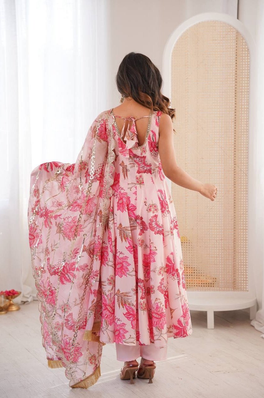 Pink Muslin Floral Print Anarkali Set