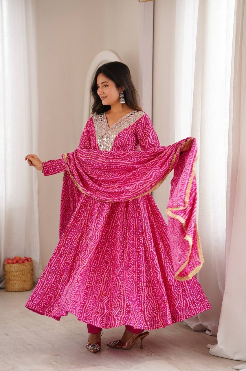 Pink Rayon Mirror Embroidery Ethnic Gown Set