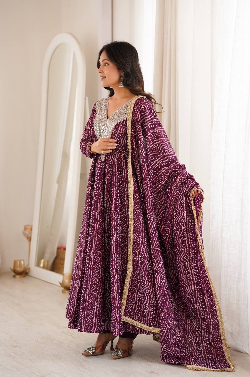 Wine Rayon Mirror Embroidery Anarkali Gown Set