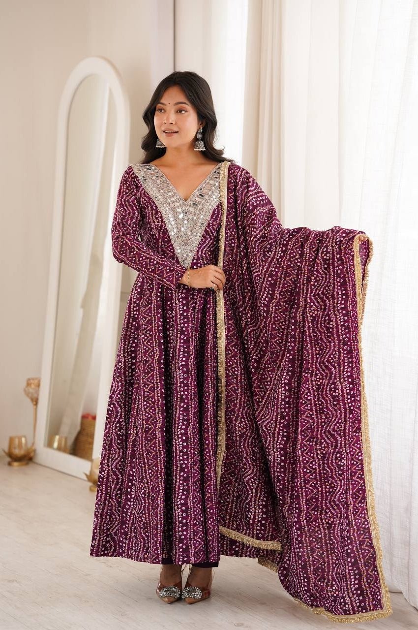 Wine Rayon Mirror Embroidery Anarkali Gown Set