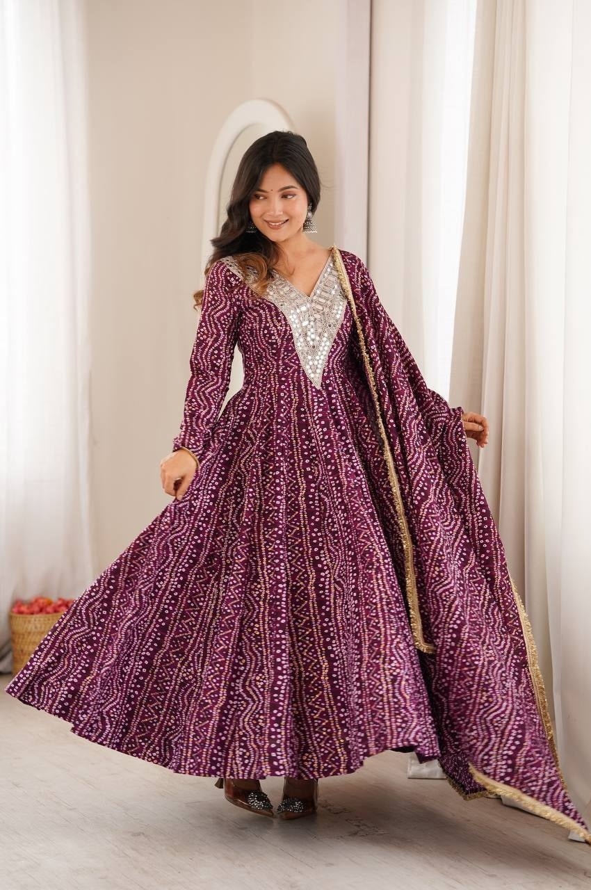 Wine Rayon Mirror Embroidery Anarkali Gown Set