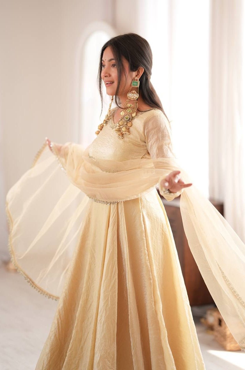 Beige Doremon Crush Silk Gown Set