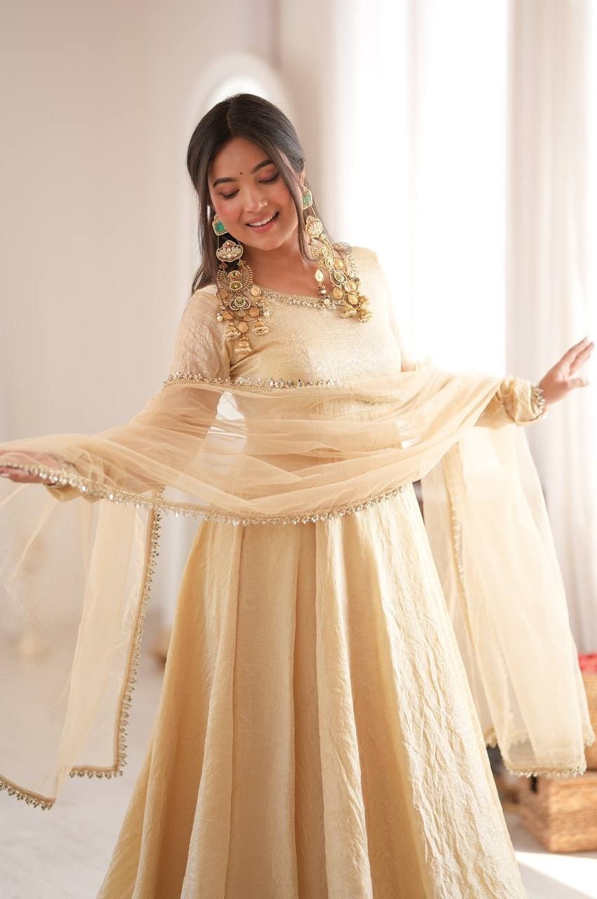 Beige Doremon Crush Silk Gown Set