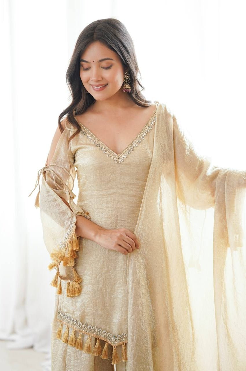 Premium Arabia Beige Doremon Crush Kurti Palazzo Set