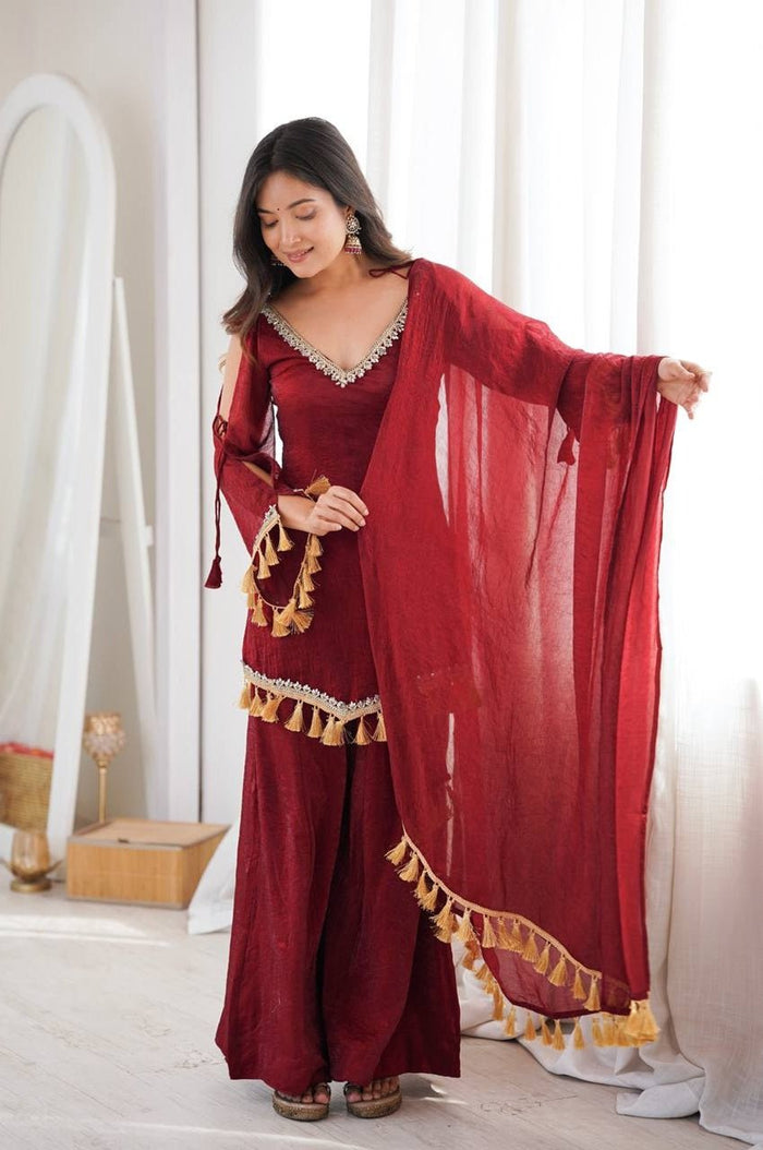 Maroon Doremon Crush Kurta Palazzo Set