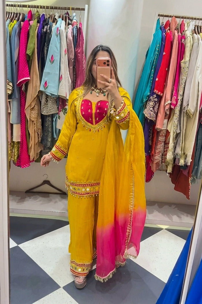 Mustard Roman Glass Mirror Work Kurta Palazzo Set