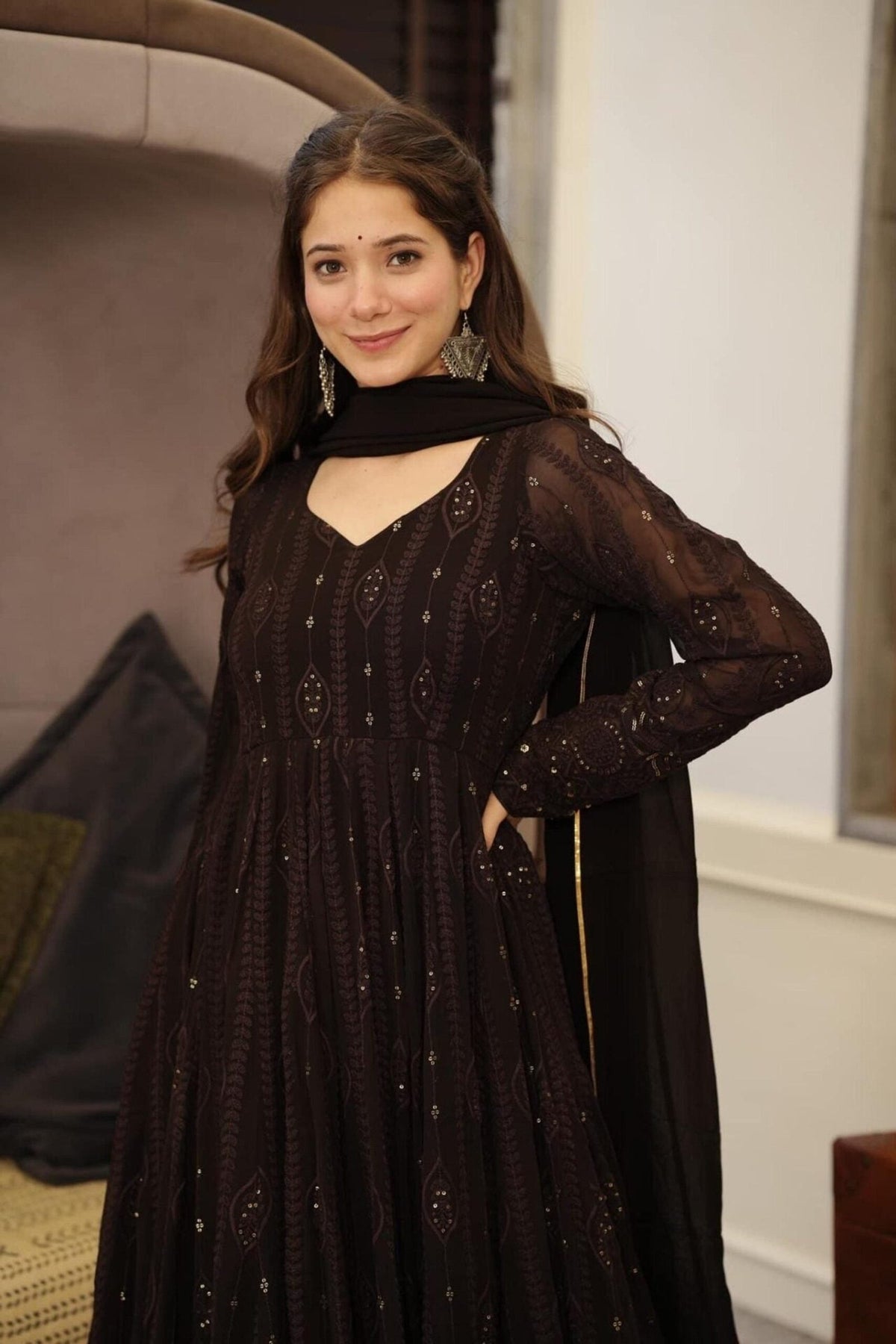 Elegant Black Embroidered Georgette Suit Set
