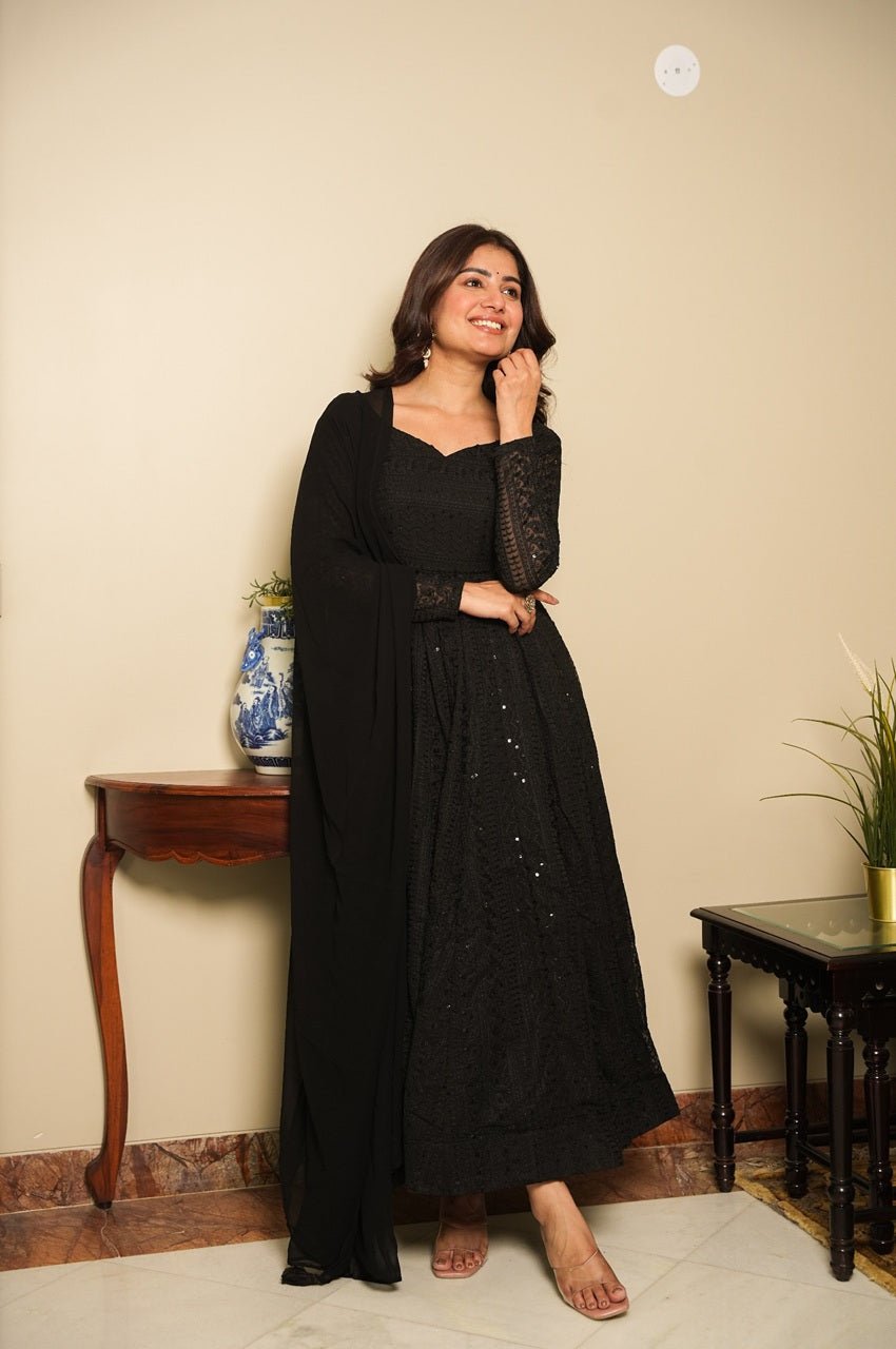 Black Georgette Lucknowi Work Anarkali Suit Set