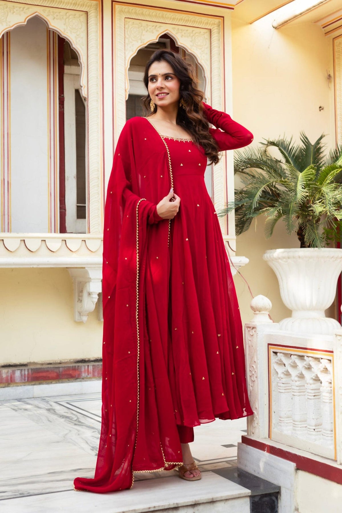 Red Hand Work Anarkali Suit