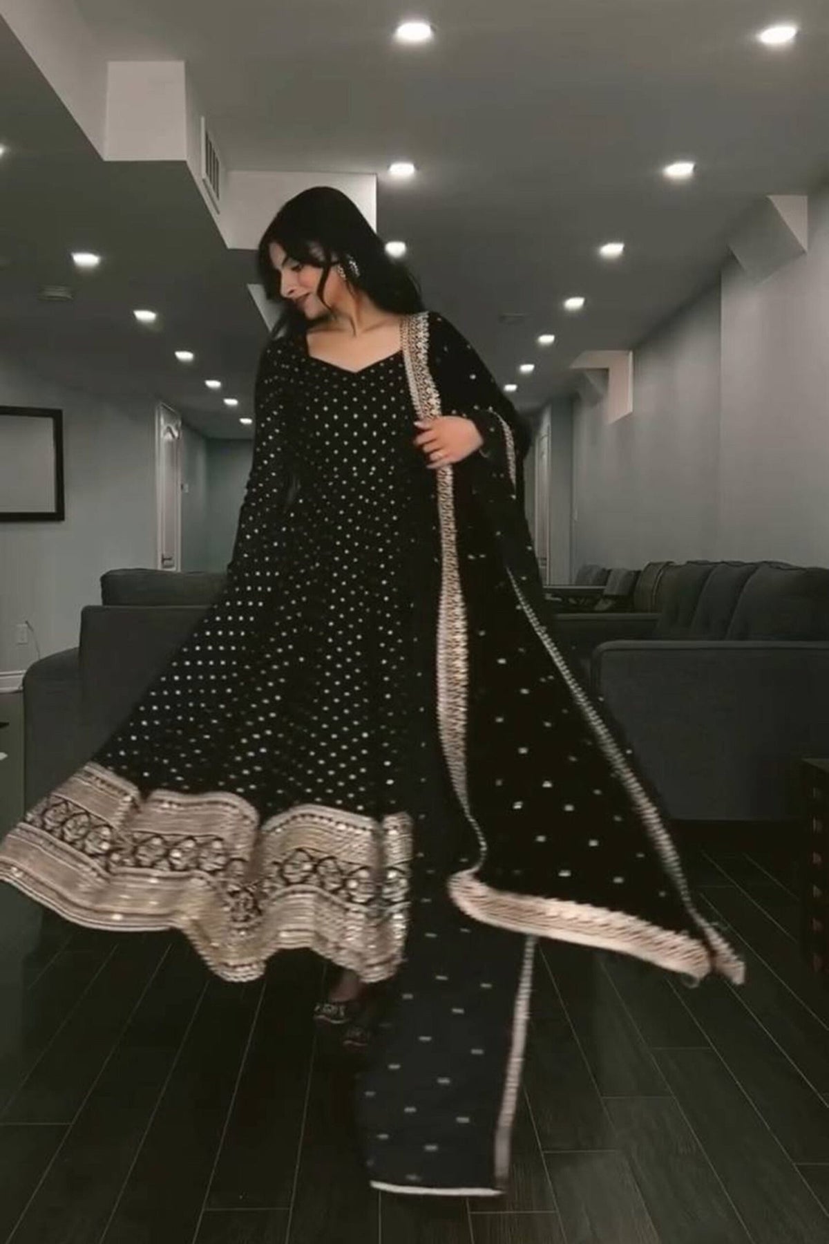 Black Sequins Work Anarkali Suit Set