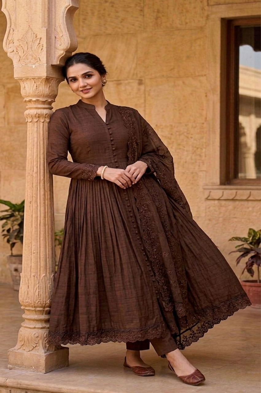 Brown Roman Silk Embroidered Anarkali Gown Set