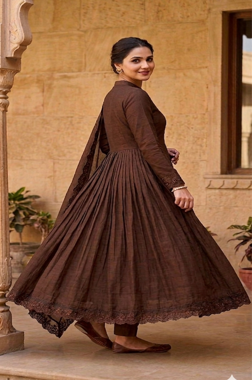 Brown Roman Silk Embroidered Anarkali Gown Set