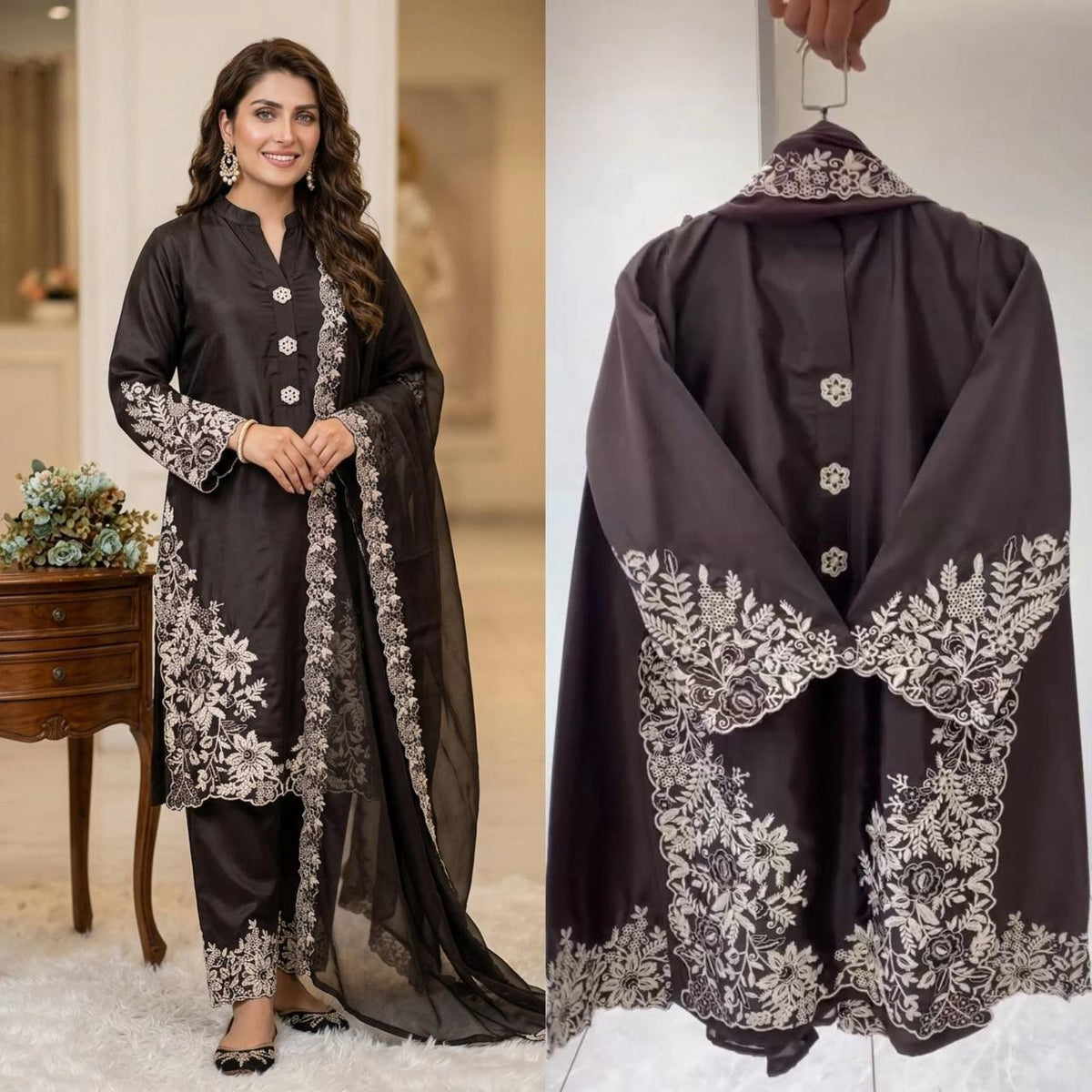 Pakistani Suit with Embroidered Worked Top Plazzo Dupatta