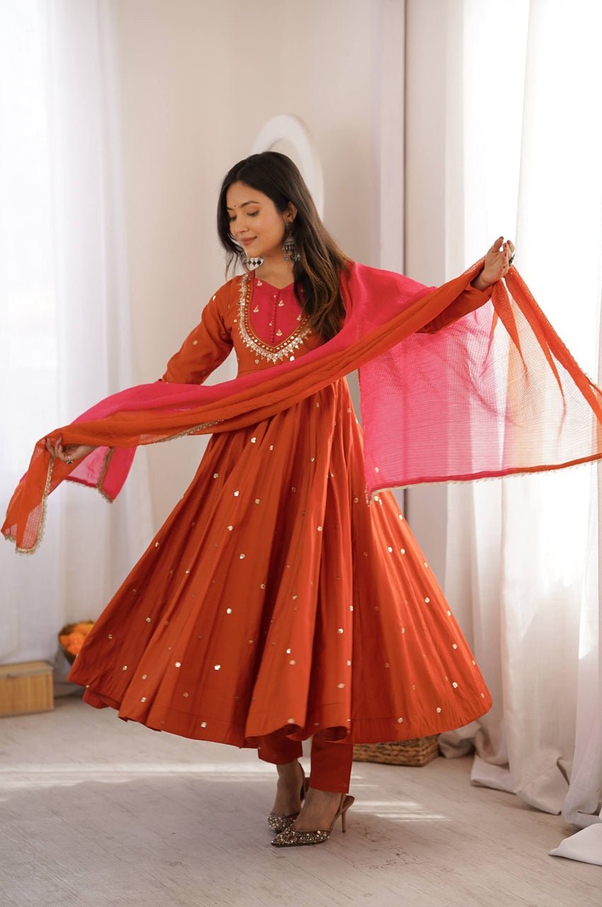 Rust Orange Roman Silk Embroidered Gown Set