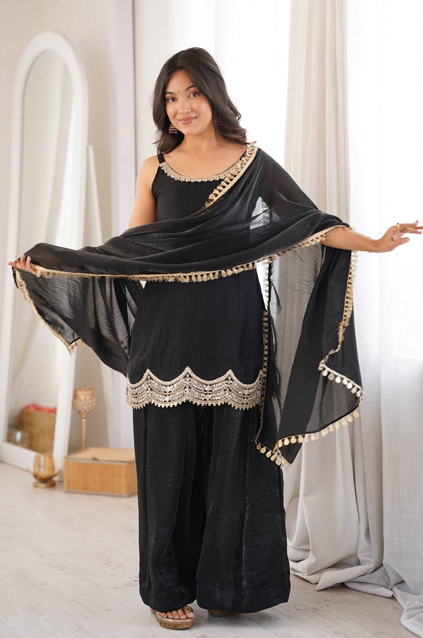 Black Fendy Silk Sleeveless Top Sharara Suit