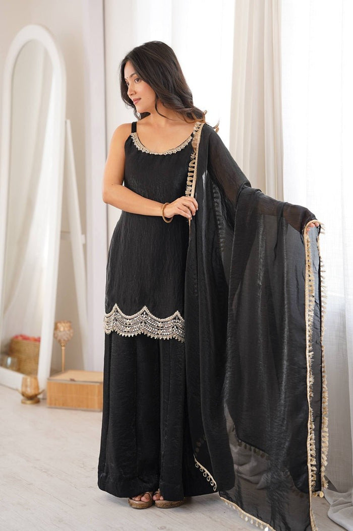 Black Fendy Silk Sleeveless Top Sharara Suit