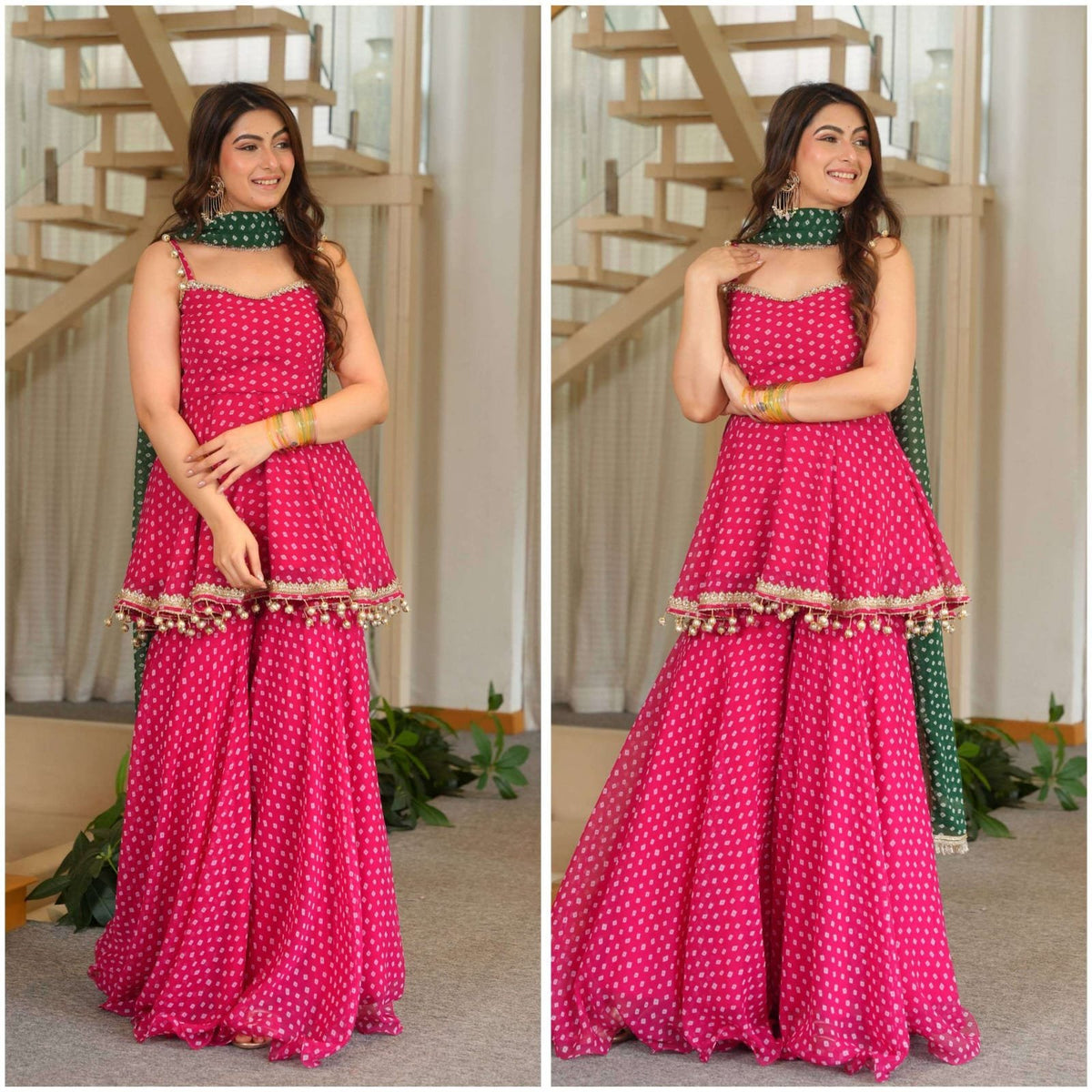 Rani Pink Bandhani Print Georgette Sharara Set