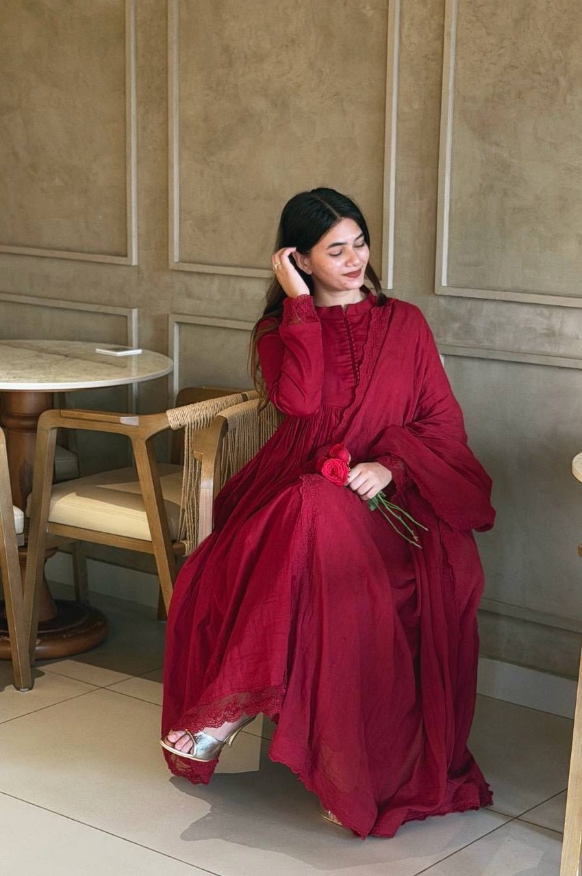 Arabian Red Roman Silk Embroidered Gown Set