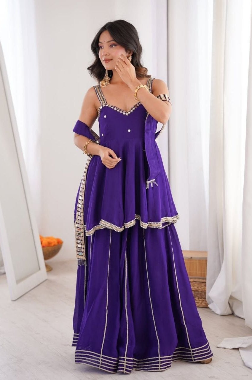 Purple Chinon Palazzo Suit with Original Mirror Work